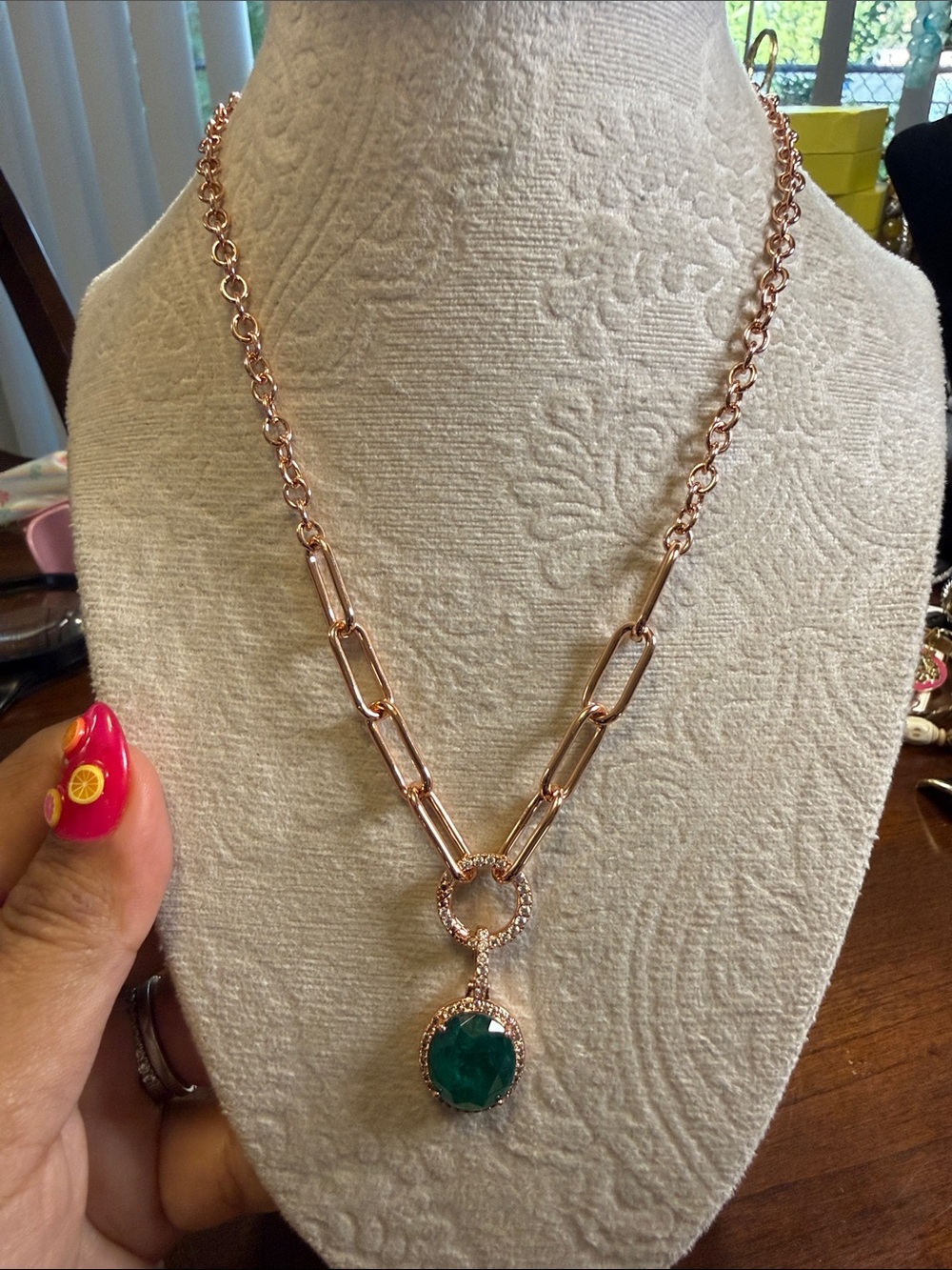 Rose Gold Chain Necklace with Lab Created Emerald Pendant